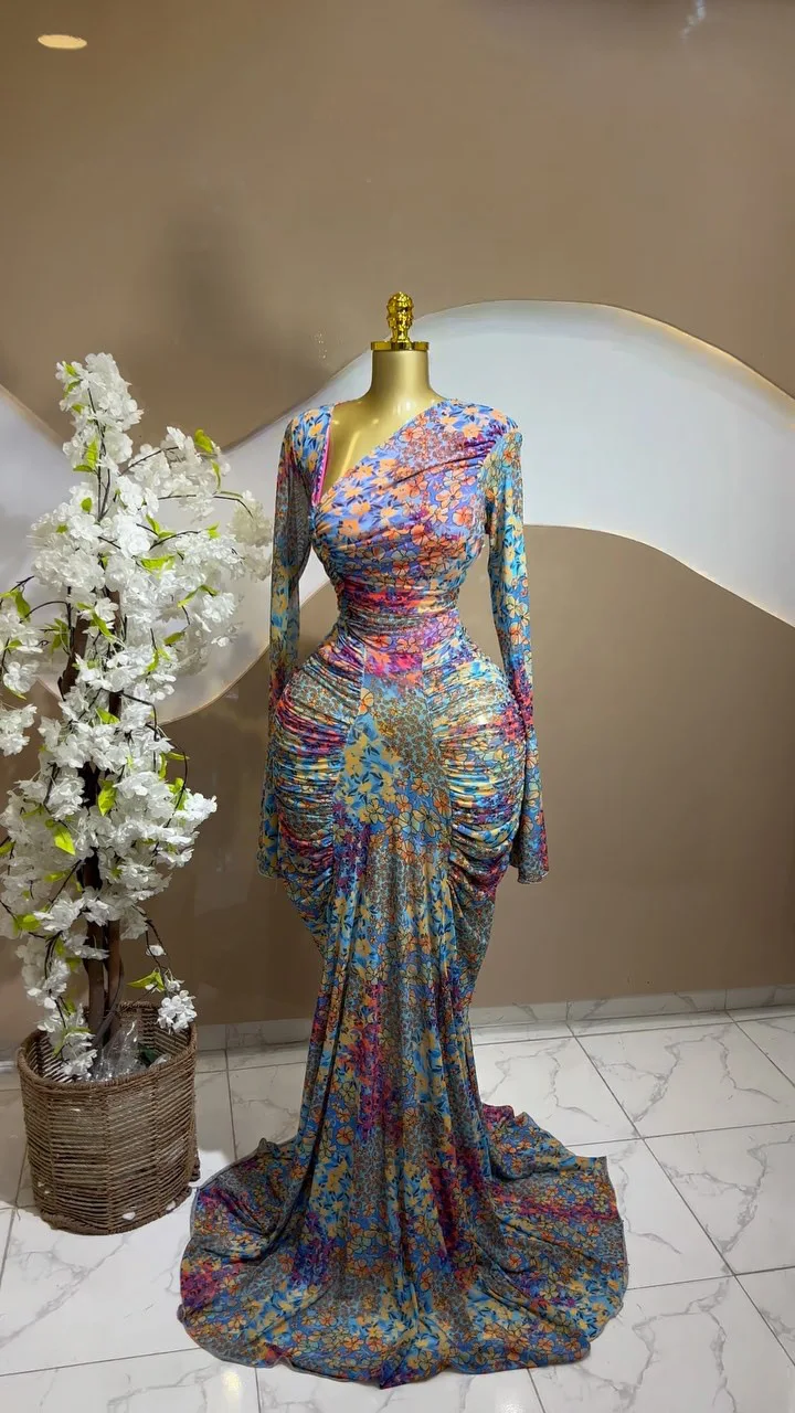 CM.YAYA Women Tie Dye Print Skew Neck Flare Long Sleeve Ruched Stacked Maxi Long Dress 2026 Evening Birthday Sexy Party Dresses