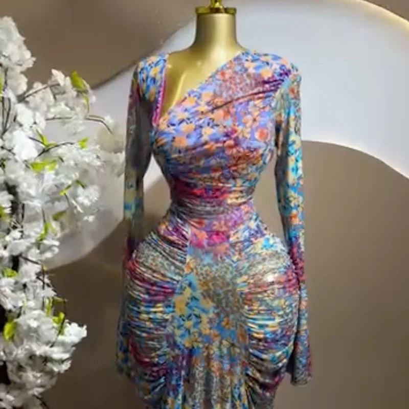 CM.YAYA Women Tie Dye Print Skew Neck Flare Long Sleeve Ruched Stacked Maxi Long Dress 2026 Evening Birthday Sexy Party Dresses