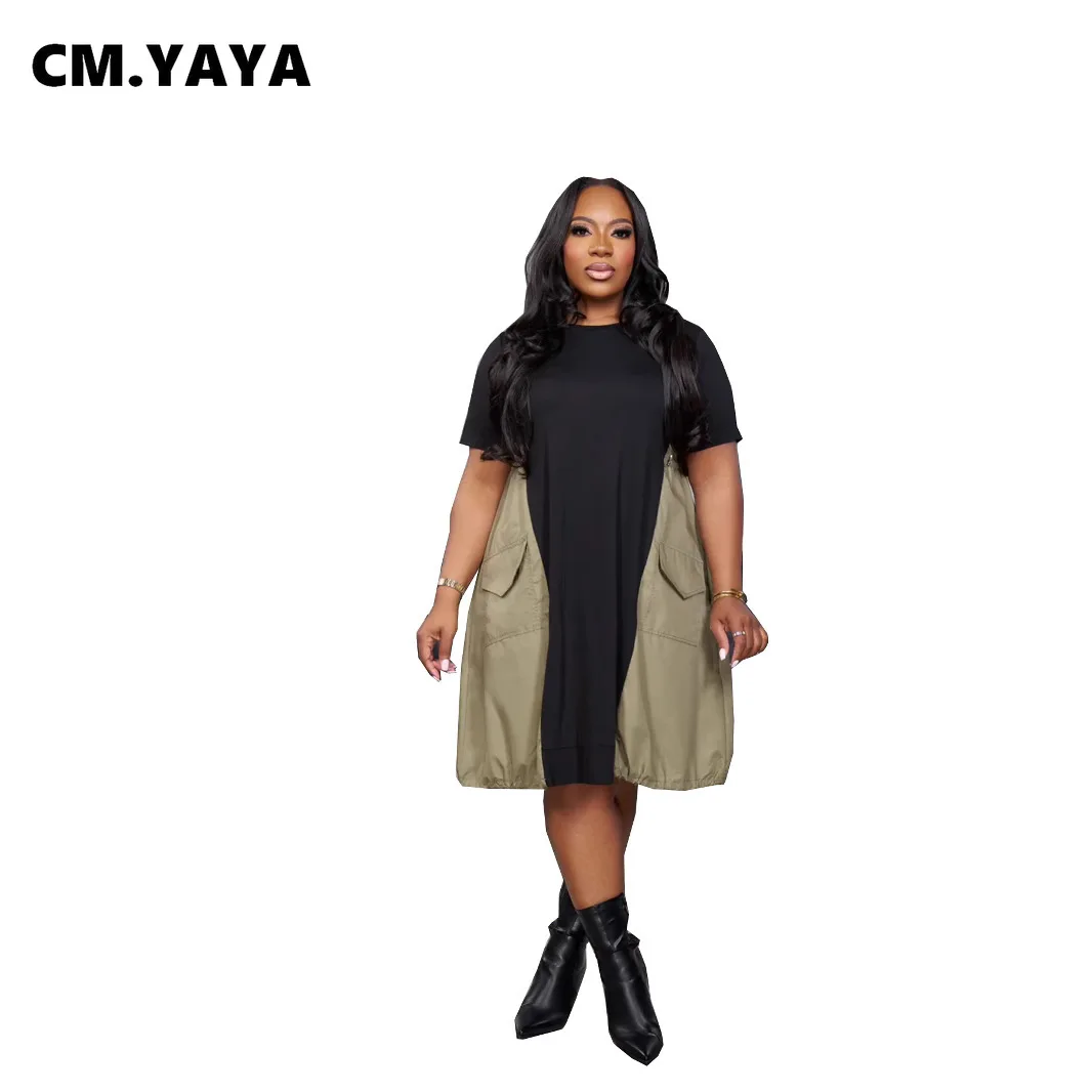 CM.YAYA Women Short Sleeve Loose Plus Size Dress 2025 Summer Street Fashion T-shirt Style Patchwork Birthday Vestidos Dresses