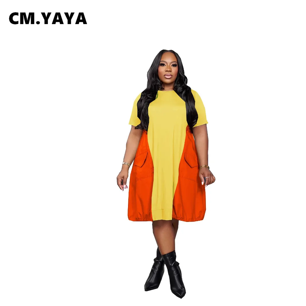 CM.YAYA Women Short Sleeve Loose Plus Size Dress 2025 Summer Street Fashion T-shirt Style Patchwork Birthday Vestidos Dresses
