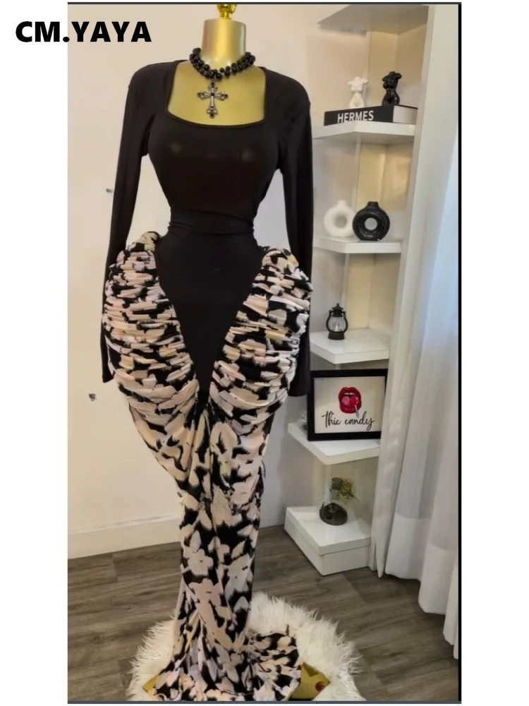 CM.YAYA Women Print Patchwork Stacked Ruched Sleeveless Bodycon Midi Maxi Long Dress 2025 Birthday Vacation Sexy Party Dresses
