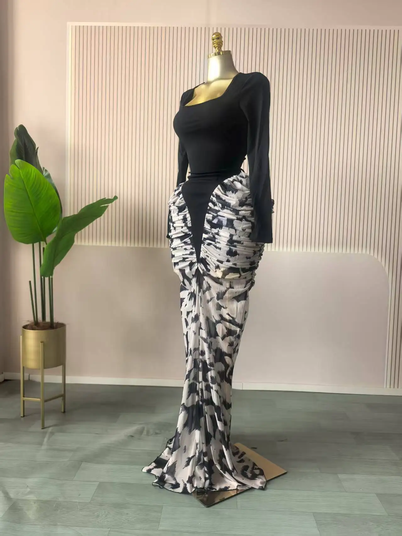 CM.YAYA Women Print Patchwork Stacked Ruched Sleeveless Bodycon Midi Maxi Long Dress 2025 Birthday Vacation Sexy Party Dresses