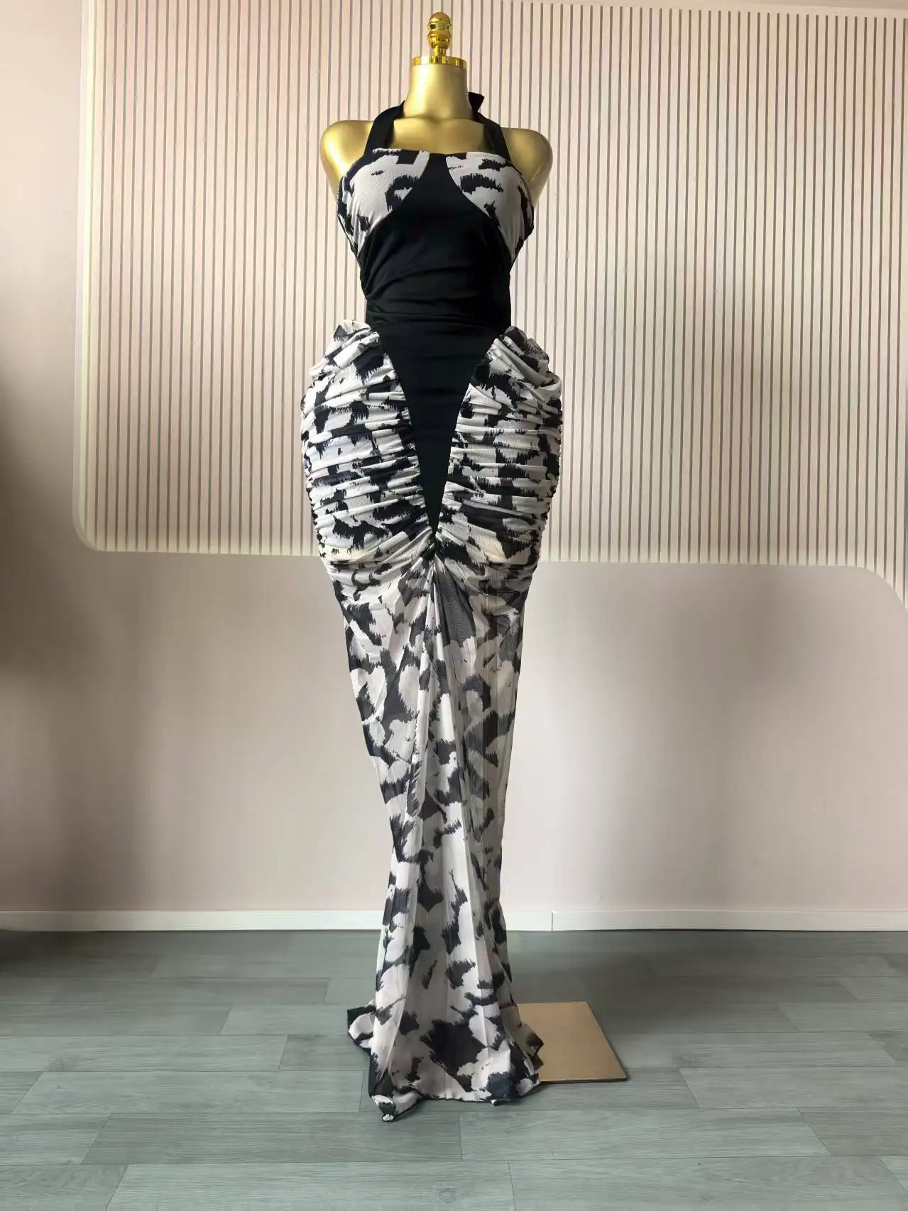 CM.YAYA Women Print Patchwork Stacked Ruched Sleeveless Bodycon Midi Maxi Long Dress 2025 Birthday Vacation Sexy Party Dresses