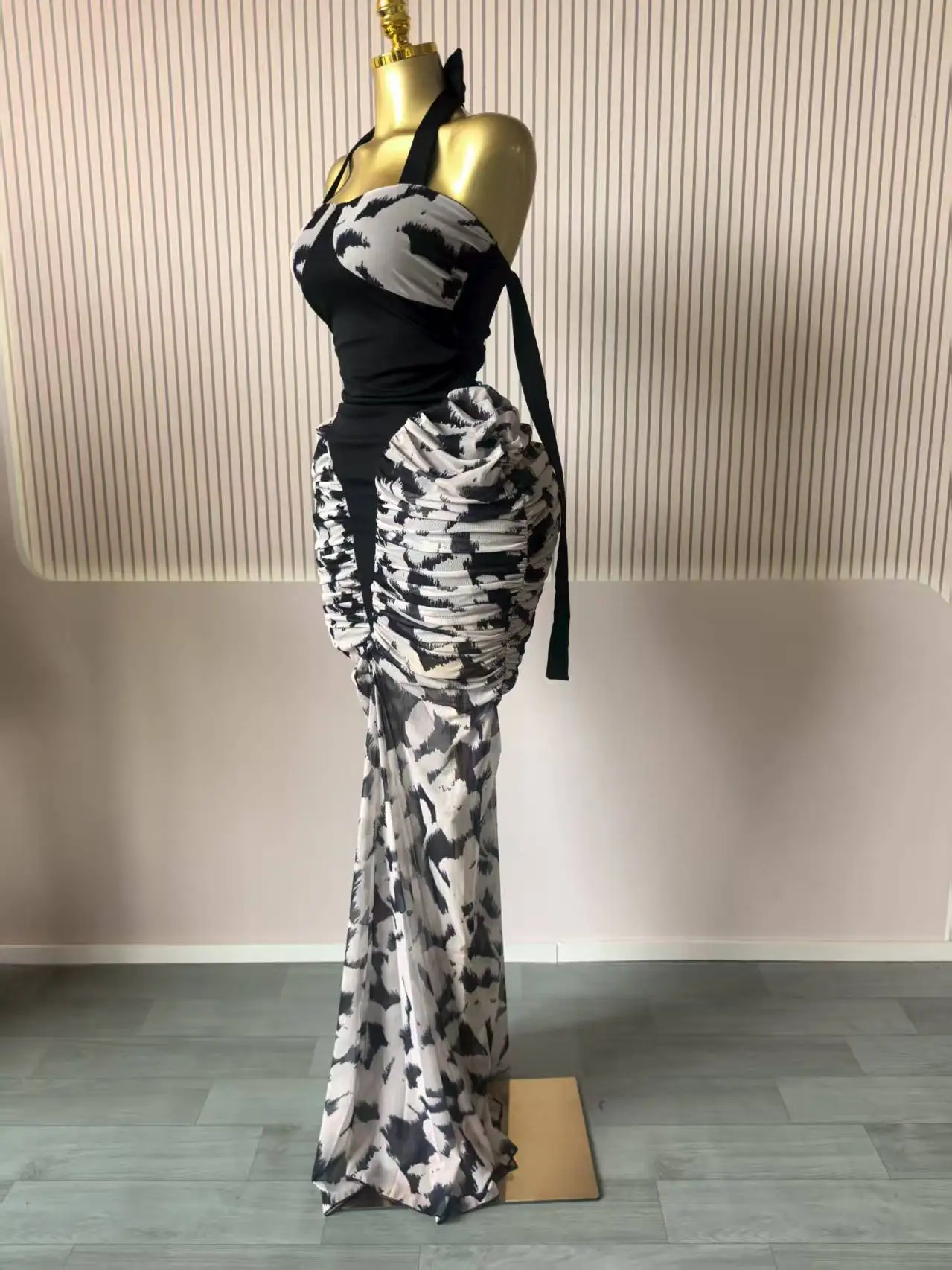 CM.YAYA Women Print Patchwork Stacked Ruched Sleeveless Bodycon Midi Maxi Long Dress 2025 Birthday Vacation Sexy Party Dresses