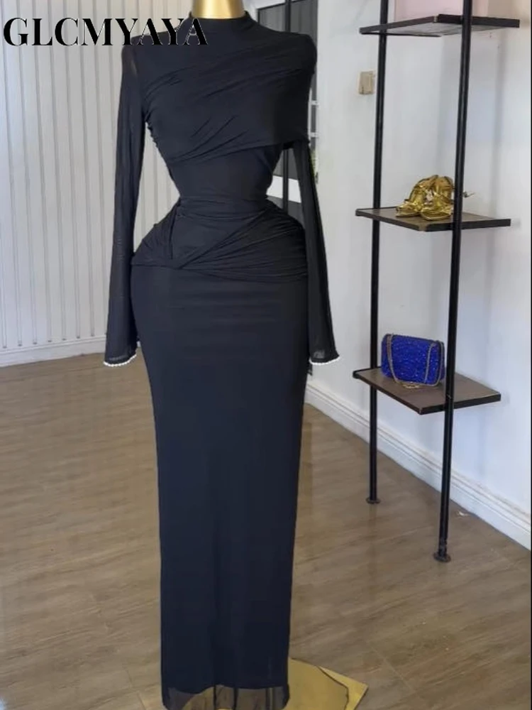 GLCMYAYA Street Women Wrap Stacked Ruched Bodycon Midi Pearl Long Sleeve Maxi Long Dress 2025 Fall Vacation Dresses Vestidos GLCMYAYA Street Women Wrap Stacked Ruched Bodycon Midi Pearl Long Sleeve Maxi Long Dress 2025 Fall Vacation Dresses Vestidos