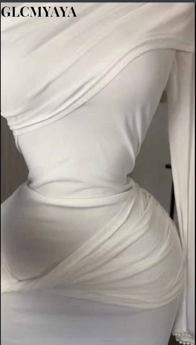 GLCMYAYA Street Women Wrap Stacked Ruched Bodycon Midi Pearl Long Sleeve Maxi Long Dress 2025 Fall Vacation Dresses Vestidos