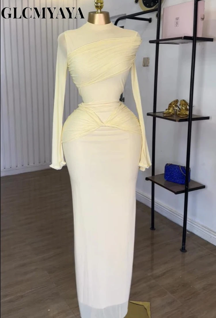 GLCMYAYA Street Women Wrap Stacked Ruched Bodycon Midi Pearl Long Sleeve Maxi Long Dress 2025 Fall Vacation Dresses Vestidos GLCMYAYA Street Women Wrap Stacked Ruched Bodycon Midi Pearl Long Sleeve Maxi Long Dress 2025 Fall Vacation Dresses Vestidos