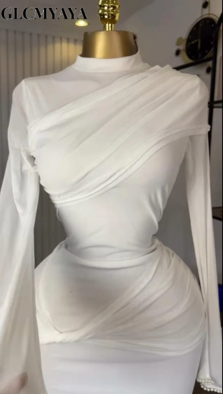 GLCMYAYA Street Women Wrap Stacked Ruched Bodycon Midi Pearl Long Sleeve Maxi Long Dress 2025 Fall Vacation Dresses Vestidos