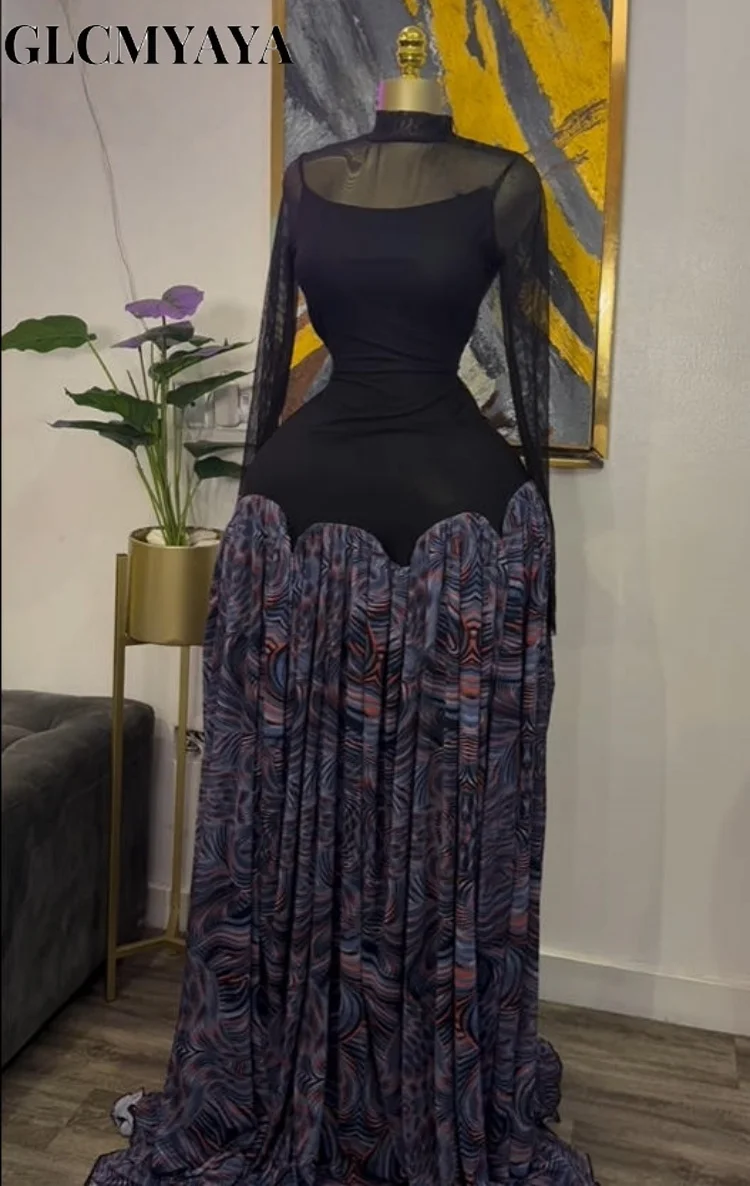 CM.YAYA Women Tie Dye Printed Patchwork A-line with Sashes Fit and Flare A-line Maxi Long Dress Education Vacation Prom Dresses