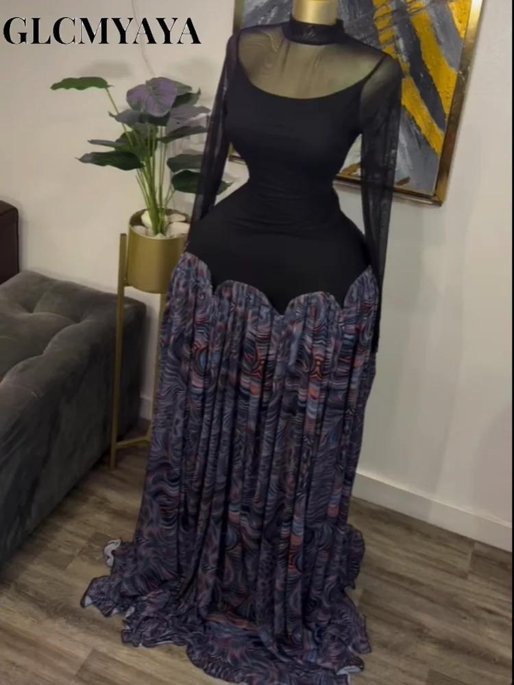 CM.YAYA Women Tie Dye Printed Patchwork A-line with Sashes Fit and Flare A-line Maxi Long Dress Education Vacation Prom Dresses