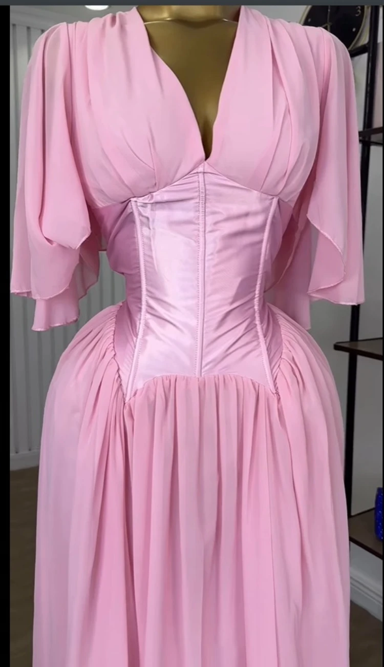 CM.YAYA Women Chiffon Flare Half Sleeve V-neck Tunic High Waist Lace Up Back Maxi Long Dress Birthday Vacation Beach Dresses