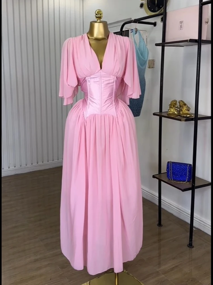 CM.YAYA Women Chiffon Flare Half Sleeve V-neck Tunic High Waist Lace Up Back Maxi Long Dress Birthday Vacation Beach Dresses