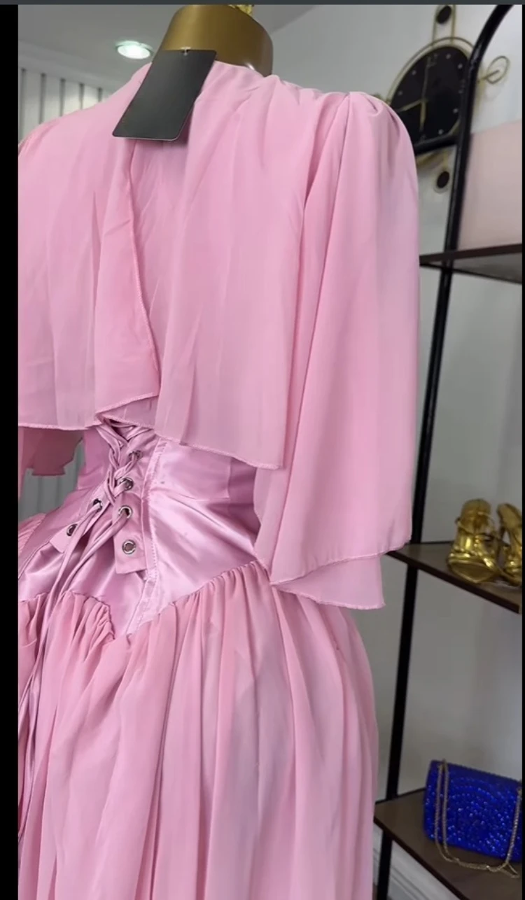 CM.YAYA Women Chiffon Flare Half Sleeve V-neck Tunic High Waist Lace Up Back Maxi Long Dress Birthday Vacation Beach Dresses