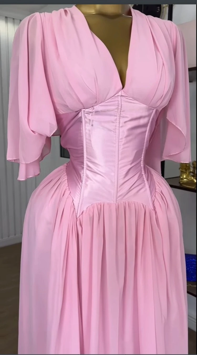 CM.YAYA Women Chiffon Flare Half Sleeve V-neck Tunic High Waist Lace Up Back Maxi Long Dress Birthday Vacation Beach Dresses