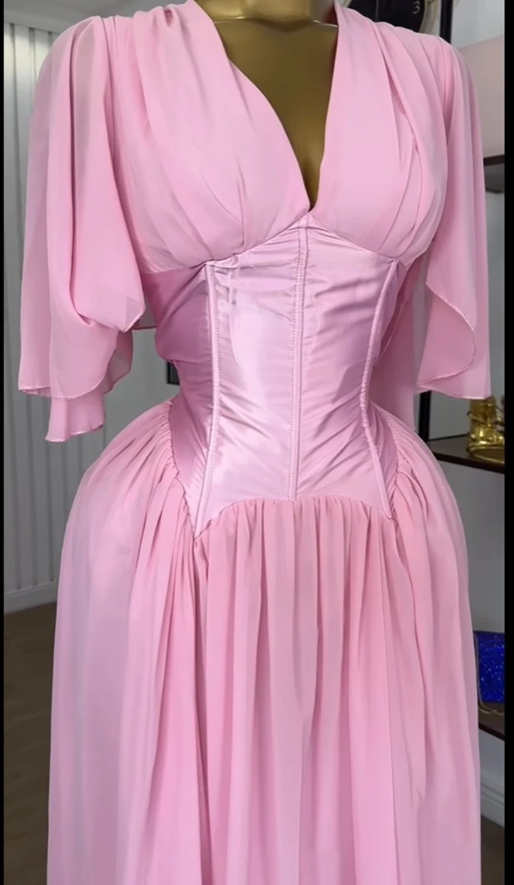 CM.YAYA Women Chiffon Flare Half Sleeve V-neck Tunic High Waist Lace Up Back Maxi Long Dress Birthday Vacation Beach Dresses