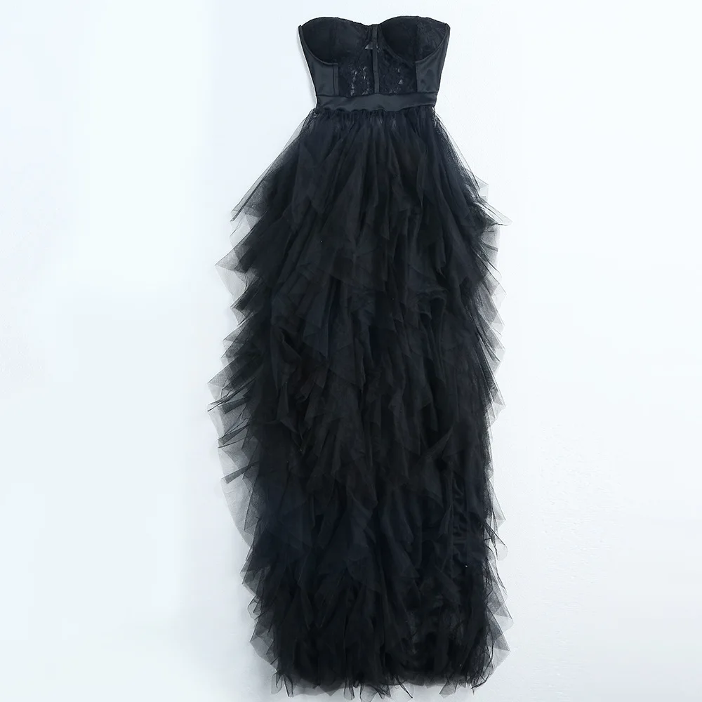 CM.YAYA Women Mesh See Though Lace Patchwork Cascading Ruffles High Side Split Bodycon Maxi Dress Sexy Night Party Long Dresses