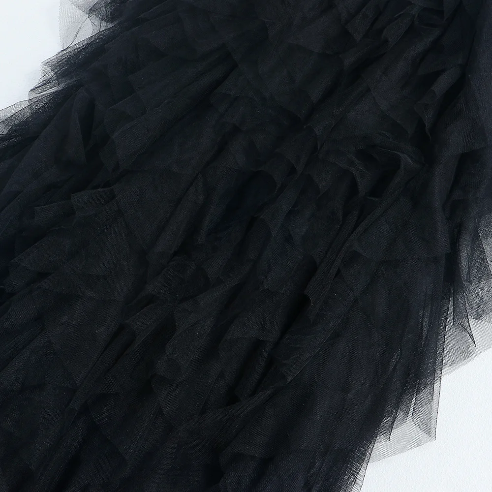 CM.YAYA Women Mesh See Though Lace Patchwork Cascading Ruffles High Side Split Bodycon Maxi Dress Sexy Night Party Long Dresses