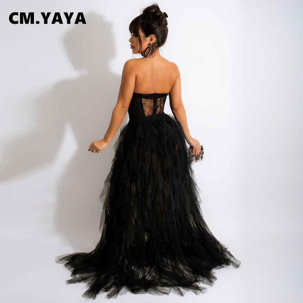 CM.YAYA Women Mesh See Though Lace Patchwork Cascading Ruffles High Side Split Bodycon Maxi Dress Sexy Night Party Long Dresses