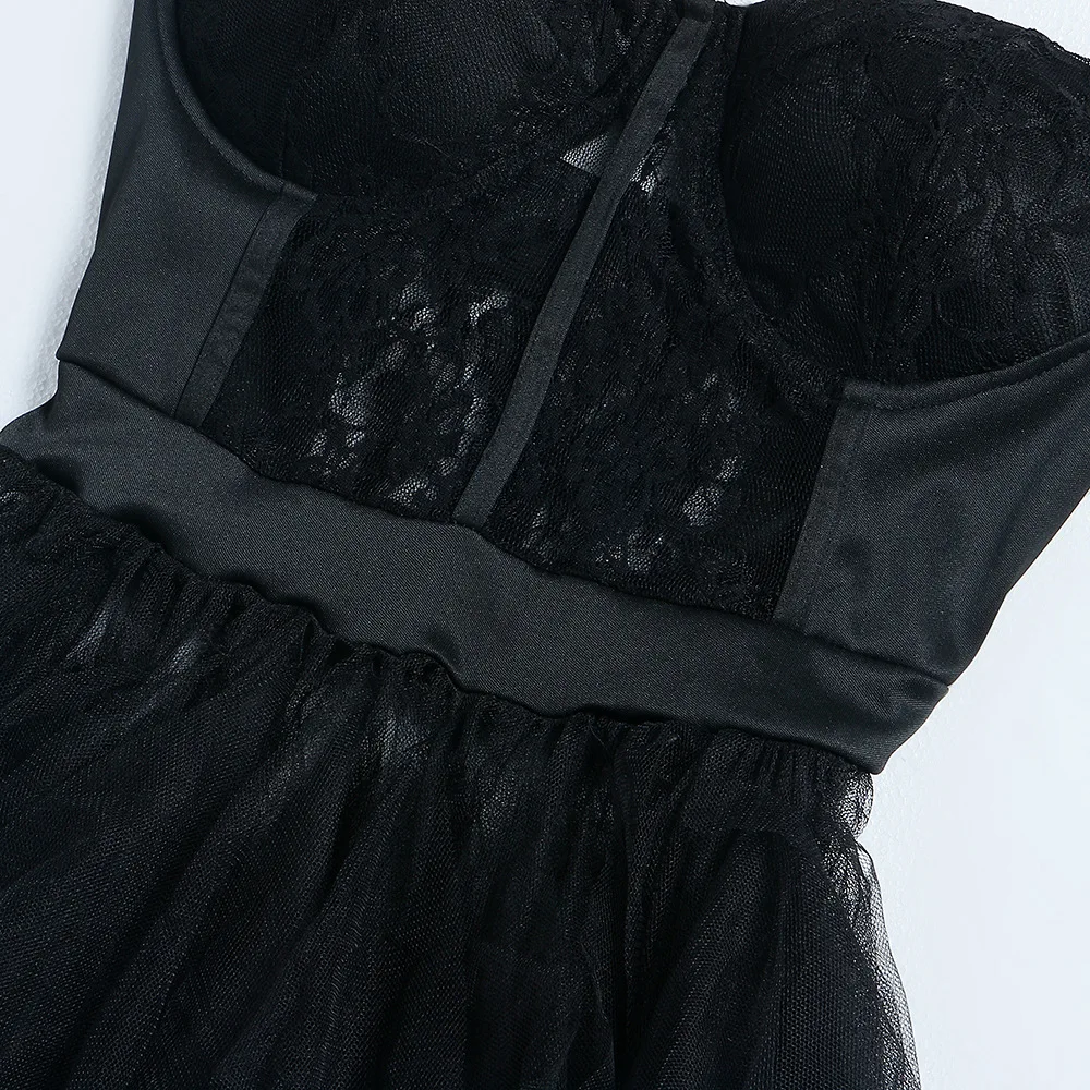 CM.YAYA Women Mesh See Though Lace Patchwork Cascading Ruffles High Side Split Bodycon Maxi Dress Sexy Night Party Long Dresses