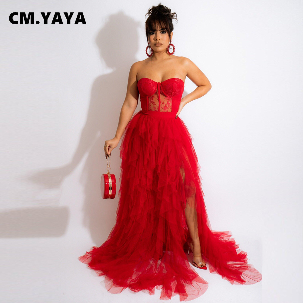 CM.YAYA Women Mesh See Though Lace Patchwork Cascading Ruffles High Side Split Bodycon Maxi Dress Sexy Night Party Long Dresses