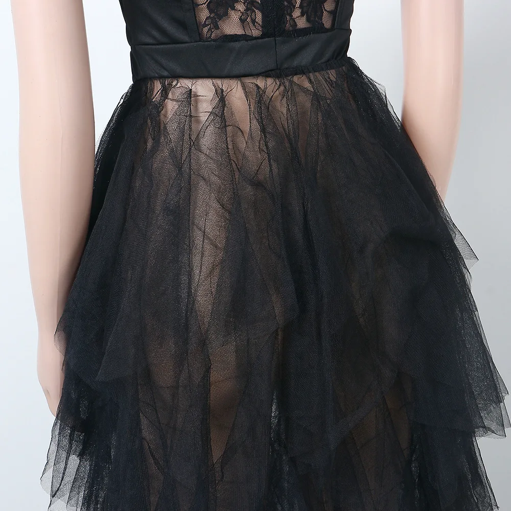 CM.YAYA Women Mesh See Though Lace Patchwork Cascading Ruffles High Side Split Bodycon Maxi Dress Sexy Night Party Long Dresses