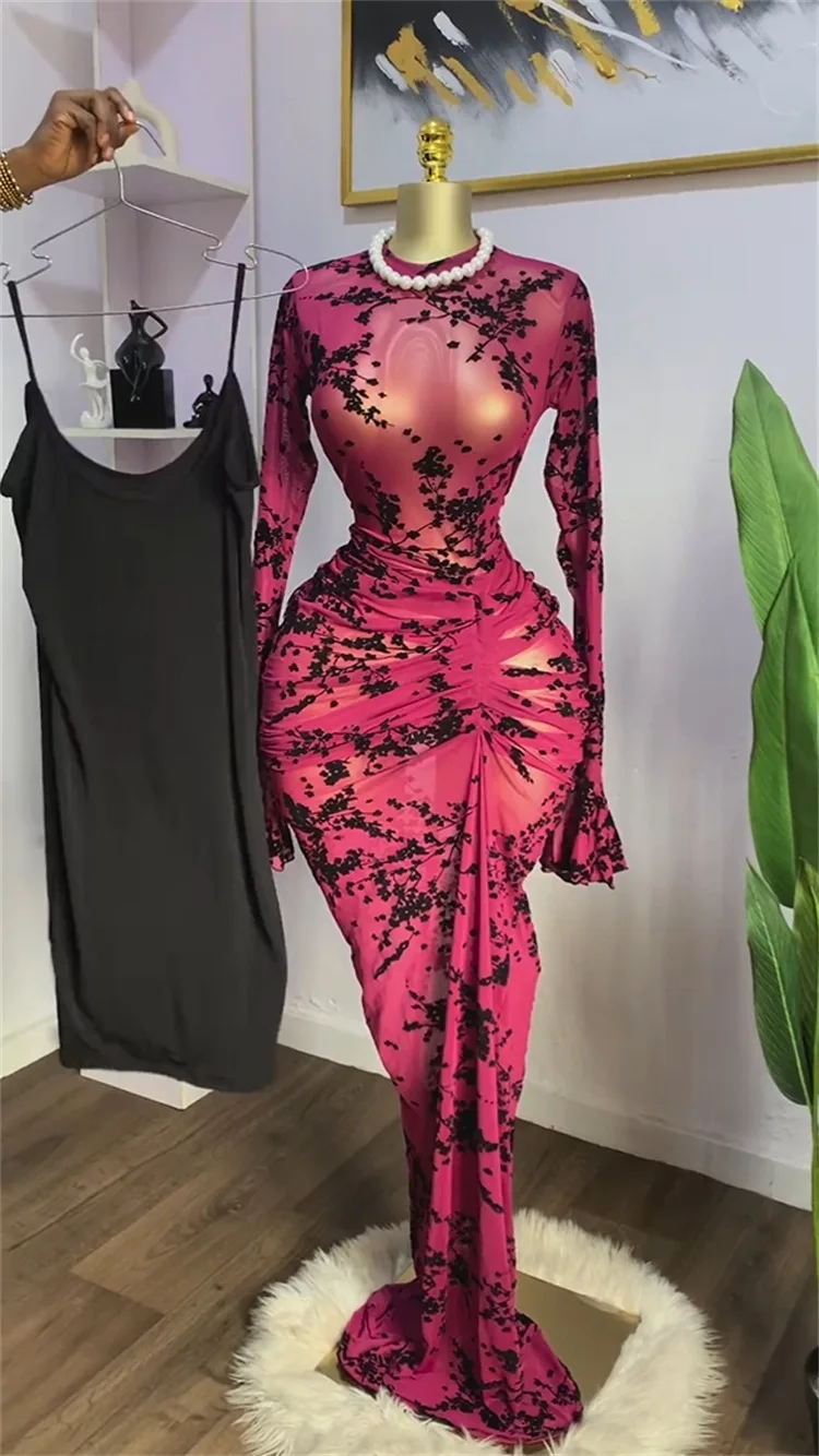 CM.YAYA Women Long Sleeve Stacked Mesh with Lining Bodycon Cocktail Long Dress 2025 Autumn Evening Birthday Sexy Party Dresses