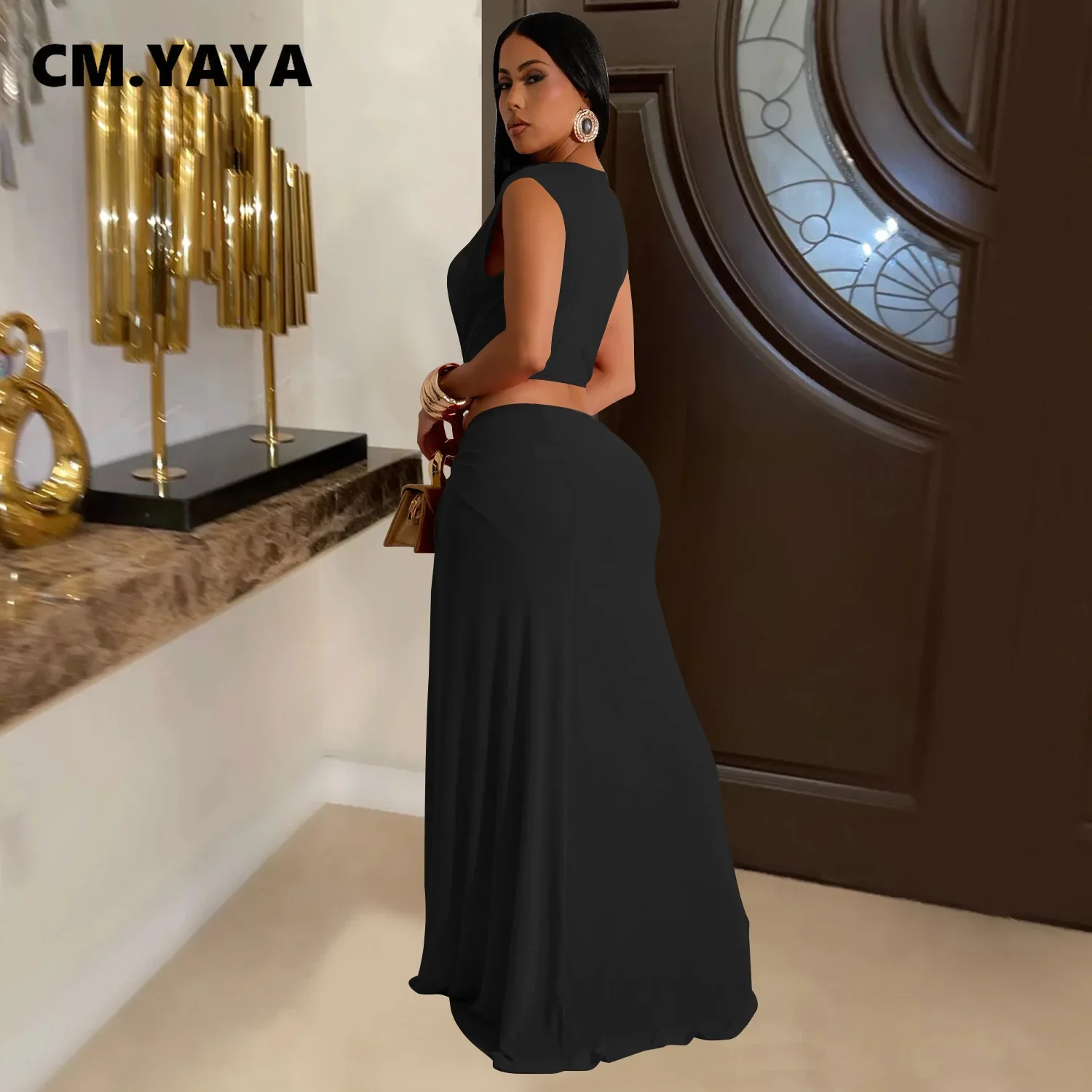 CM.YAYA Women Deep V-neck Sleeveless High Side Split Draped Bodycon Midi Maxi Dress 2024 Club Sexy Party Long Dresses Vestidos