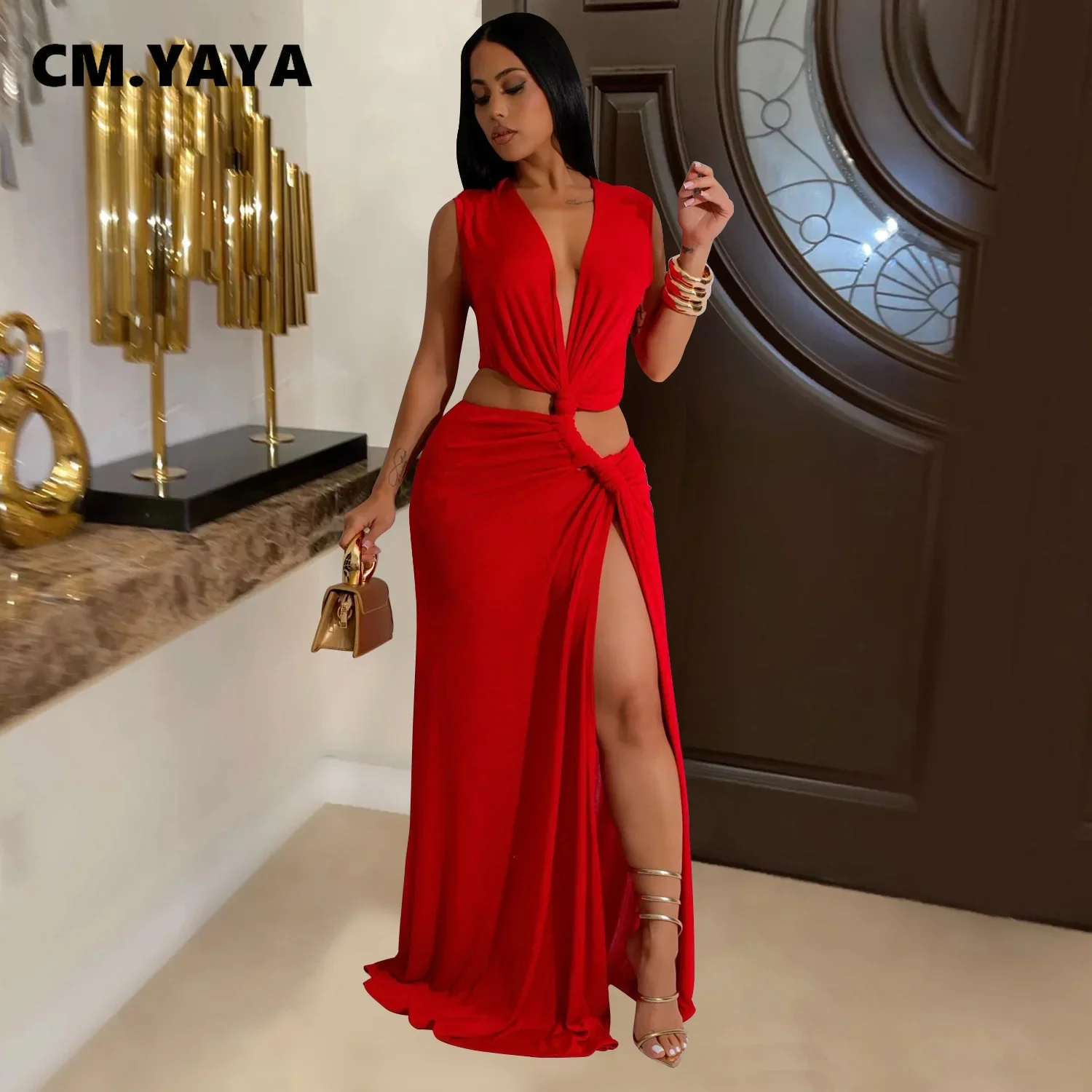 CM.YAYA Women Deep V-neck Sleeveless High Side Split Draped Bodycon Midi Maxi Dress 2024 Club Sexy Party Long Dresses Vestidos