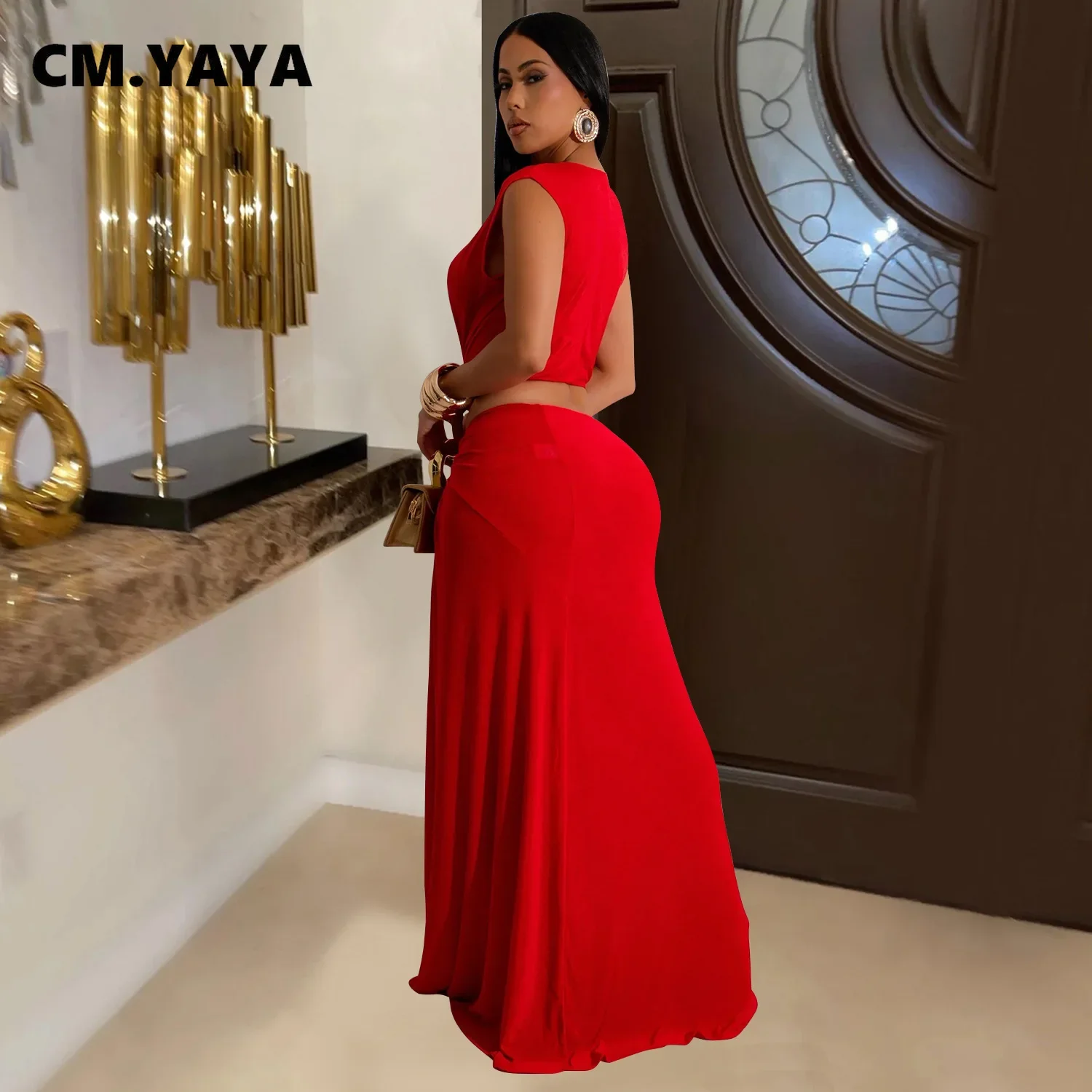 CM.YAYA Women Deep V-neck Sleeveless High Side Split Draped Bodycon Midi Maxi Dress 2024 Club Sexy Party Long Dresses Vestidos