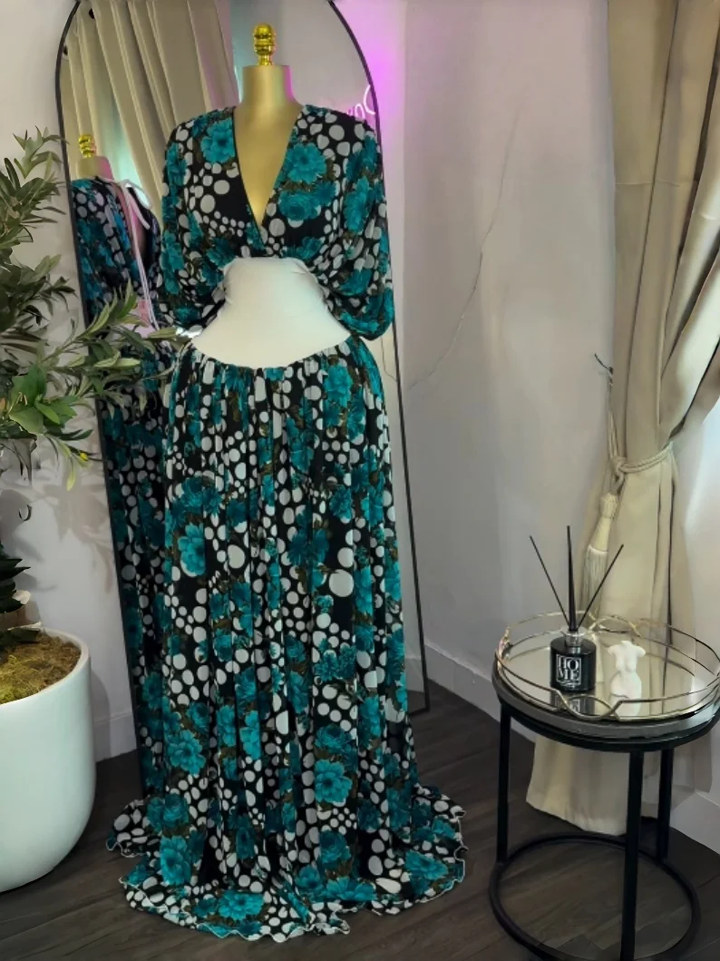 GLCMYAYA Women Dot Floral Printed Drawstring Ruched Batwing Half Sleeve Corset Maxi Dress Vacation Party Long Dresses Vestidos