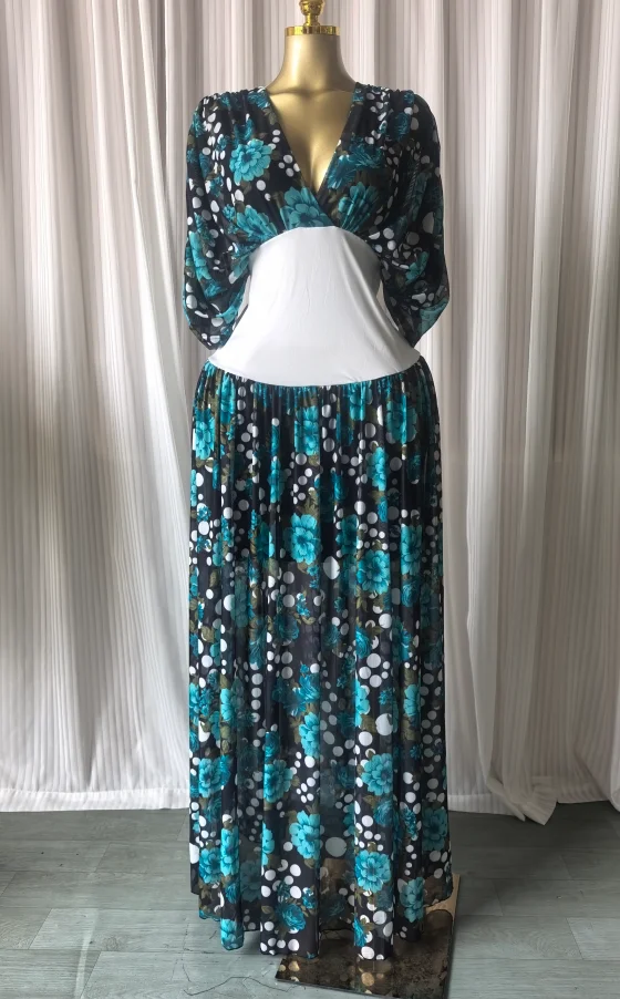 GLCMYAYA Women Dot Floral Printed Drawstring Ruched Batwing Half Sleeve Corset Maxi Dress Vacation Party Long Dresses Vestidos