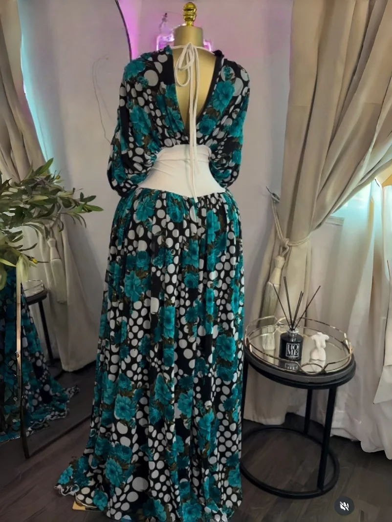 GLCMYAYA Women Dot Floral Printed Drawstring Ruched Batwing Half Sleeve Corset Maxi Dress Vacation Party Long Dresses Vestidos