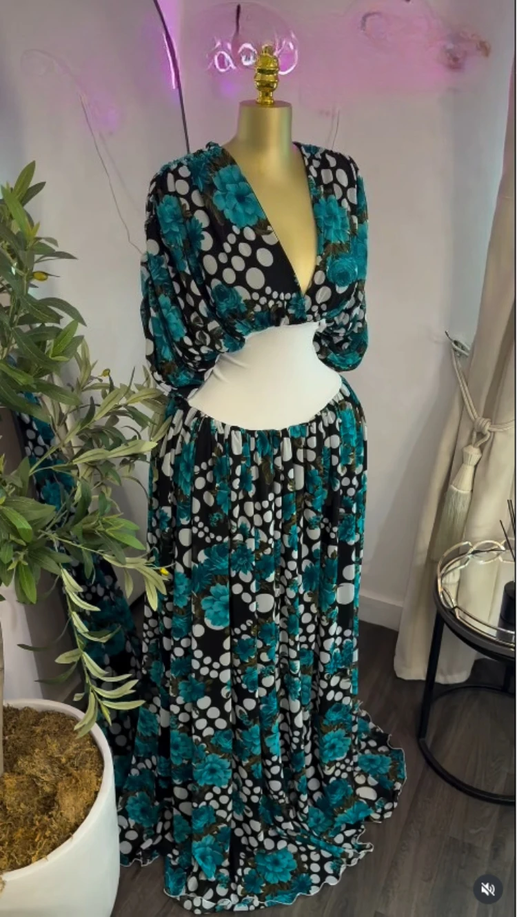 GLCMYAYA Women Dot Floral Printed Drawstring Ruched Batwing Half Sleeve Corset Maxi Dress Vacation Party Long Dresses Vestidos