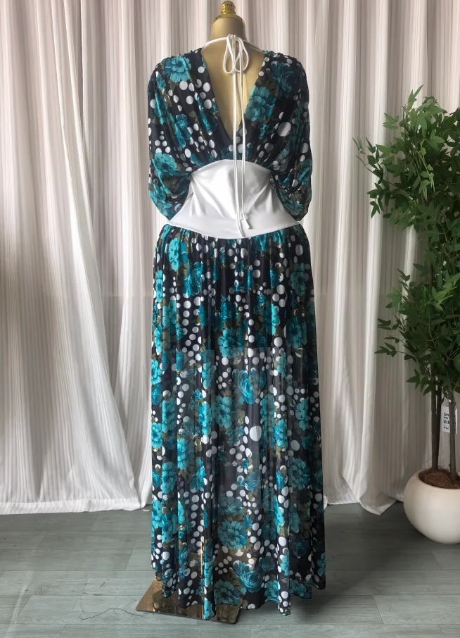 GLCMYAYA Women Dot Floral Printed Drawstring Ruched Batwing Half Sleeve Corset Maxi Dress Vacation Party Long Dresses Vestidos GLCMYAYA Women Dot Floral Printed Drawstring Ruched Batwing Half Sleeve Corset Maxi Dress Vacation Party Long Dresses Vestidos