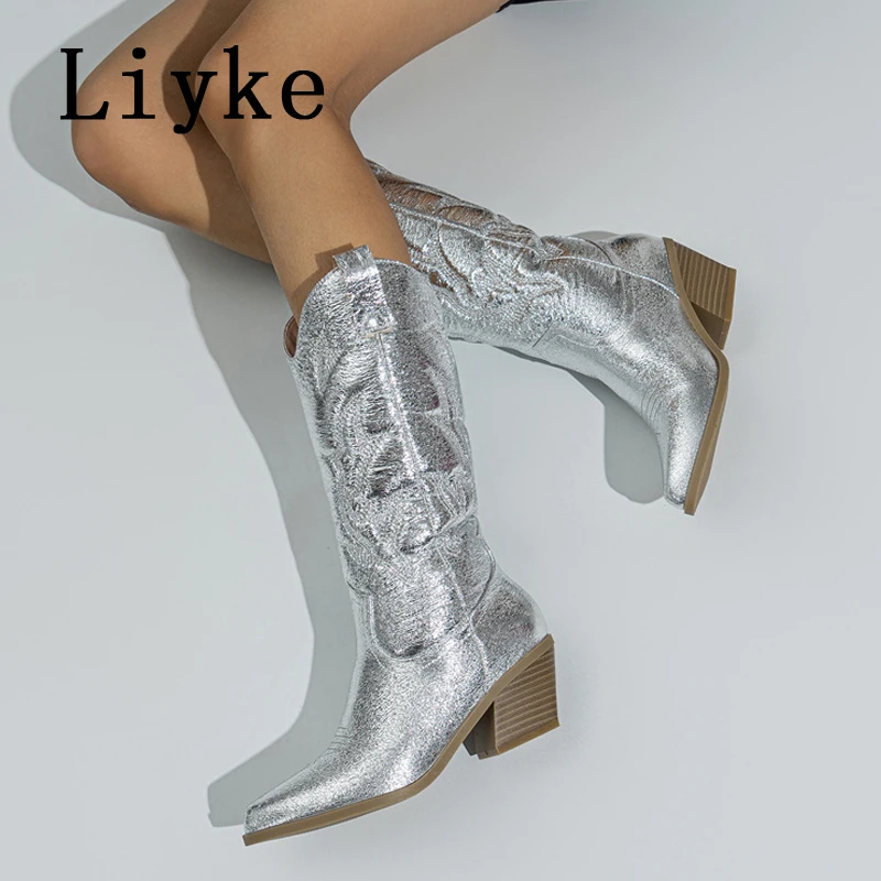 Liyke Big Size 42 43 Western Style Cowboy Boots For Women Fashion Embroider Leather Autumn Winter Low Heels Long Shoes Booties
