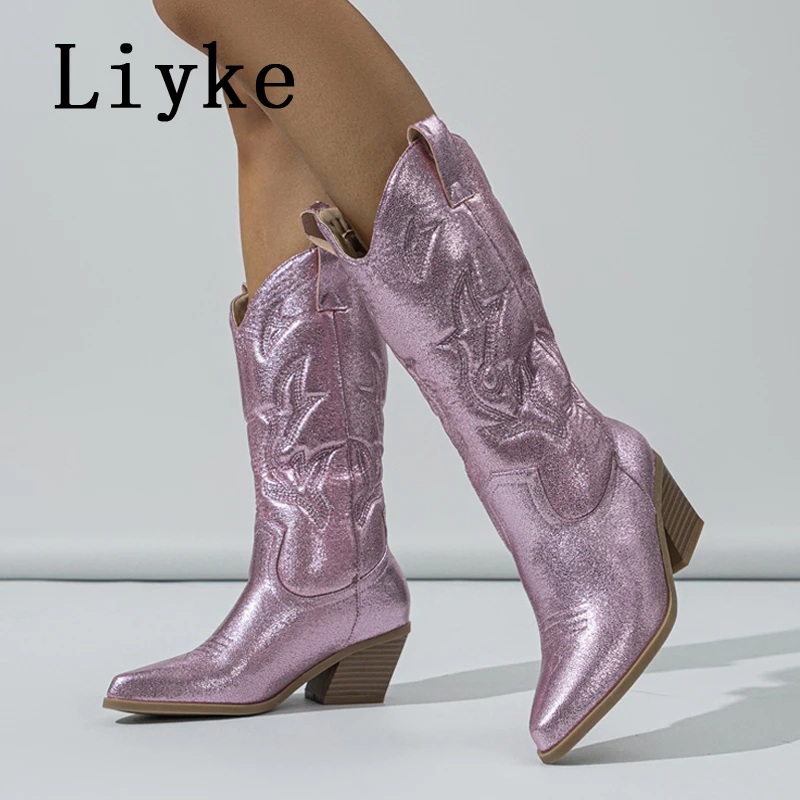Liyke Big Size 42 43 Western Style Cowboy Boots For Women Fashion Embroider Leather Autumn Winter Low Heels Long Shoes Booties