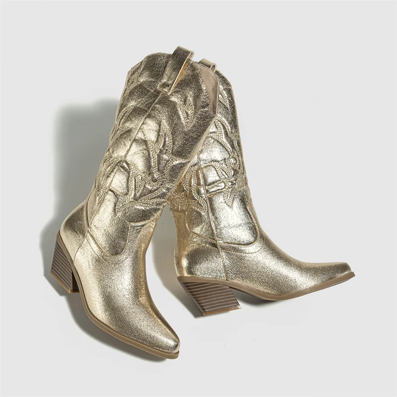 Liyke Big Size 42 43 Western Style Cowboy Boots For Women Fashion Embroider Leather Autumn Winter Low Heels Long Shoes Booties