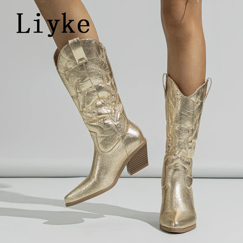 Liyke Big Size 42 43 Western Style Cowboy Boots For Women Fashion Embroider Leather Autumn Winter Low Heels Long Shoes Booties