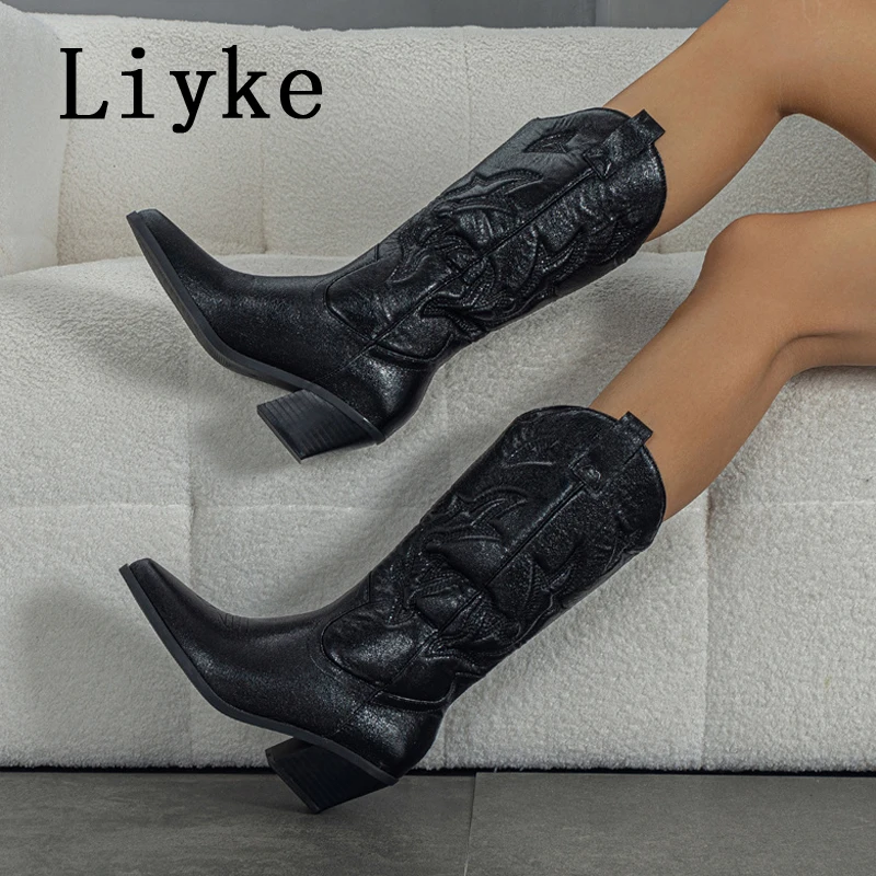 Liyke Big Size 42 43 Western Style Cowboy Boots For Women Fashion Embroider Leather Autumn Winter Low Heels Long Shoes Booties