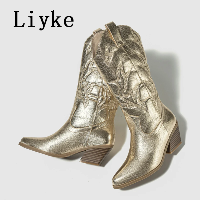 Liyke Big Size 42 43 Western Style Cowboy Boots For Women Fashion Embroider Leather Autumn Winter Low Heels Long Shoes Booties