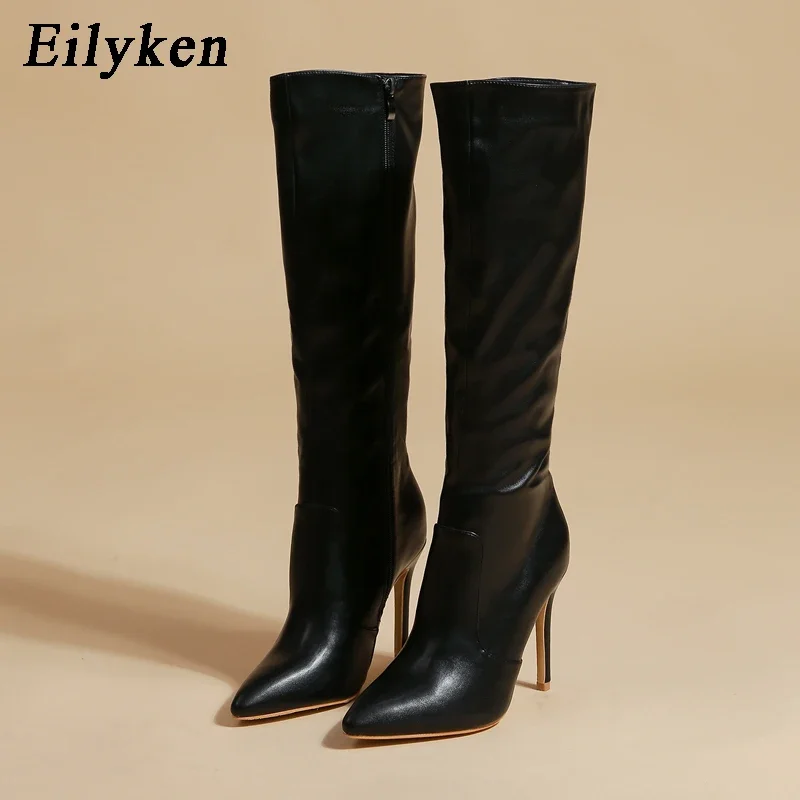 Eilyken Autumn Winter Wedding Party Women Knee-High Boots Pointed Toe Thin High Heels Shoes Sexy Zipper Footwear Size 35-42