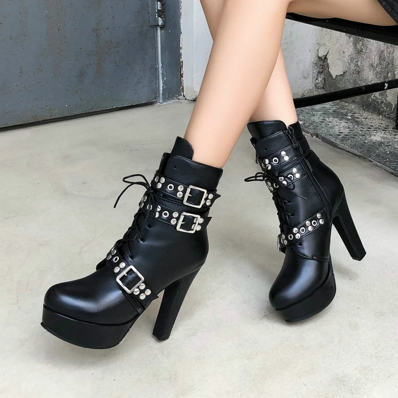Women Ankle Boots Platform Red Yellow White Lace Up High Heels Short Boot Female Buckle Autumn Winter Sexy Men Shoes Large Size