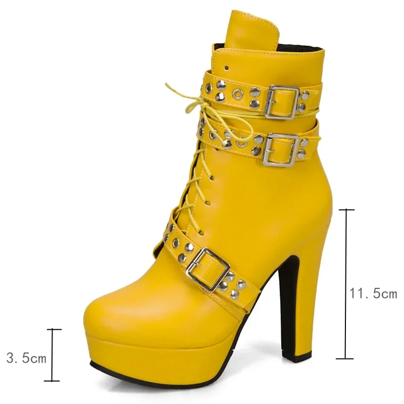 Women Ankle Boots Platform Red Yellow White Lace Up High Heels Short Boot Female Buckle Autumn Winter Sexy Men Shoes Large Size