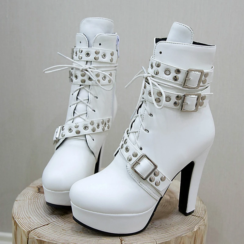 Women Ankle Boots Platform Red Yellow White Lace Up High Heels Short Boot Female Buckle Autumn Winter Sexy Men Shoes Large Size