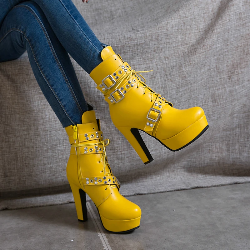 Women Ankle Boots Platform Red Yellow White Lace Up High Heels Short Boot Female Buckle Autumn Winter Sexy Men Shoes Large Size