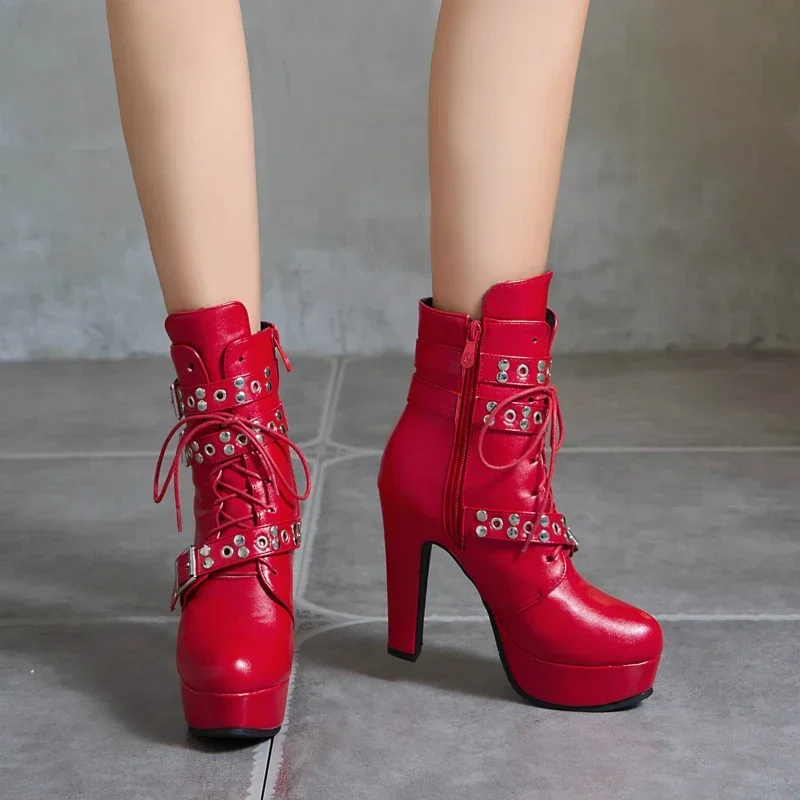 Women Ankle Boots Platform Red Yellow White Lace Up High Heels Short Boot Female Buckle Autumn Winter Sexy Men Shoes Large Size