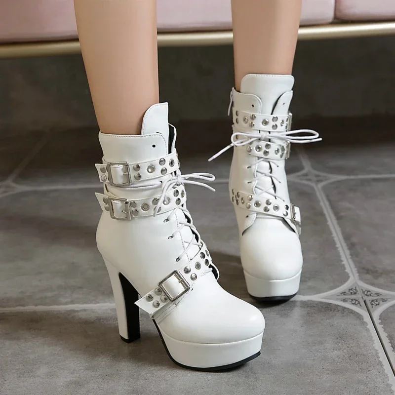 Women Ankle Boots Platform Red Yellow White Lace Up High Heels Short Boot Female Buckle Autumn Winter Sexy Men Shoes Large Size