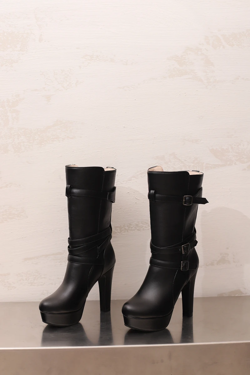 Womens White Calf Boots Platform Shoes Fashion Belt Buckle High Heels Yellow Black Autumn Winter Short Boot Ladies Large Size 50 Womens White Calf Boots Platform Shoes Fashion Belt Buckle High Heels Yellow Black Autumn Winter Short Boot Ladies Large Size 50