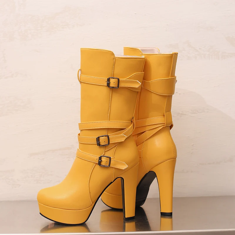 Womens White Calf Boots Platform Shoes Fashion Belt Buckle High Heels Yellow Black Autumn Winter Short Boot Ladies Large Size 50