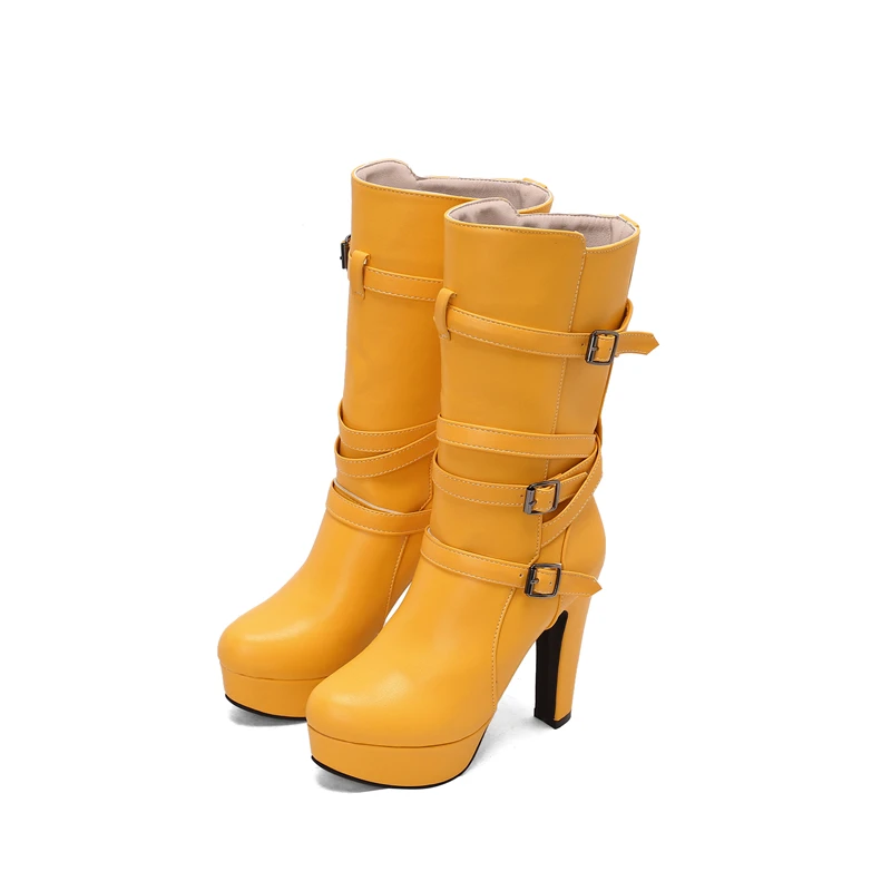 Womens White Calf Boots Platform Shoes Fashion Belt Buckle High Heels Yellow Black Autumn Winter Short Boot Ladies Large Size 50 Womens White Calf Boots Platform Shoes Fashion Belt Buckle High Heels Yellow Black Autumn Winter Short Boot Ladies Large Size 50